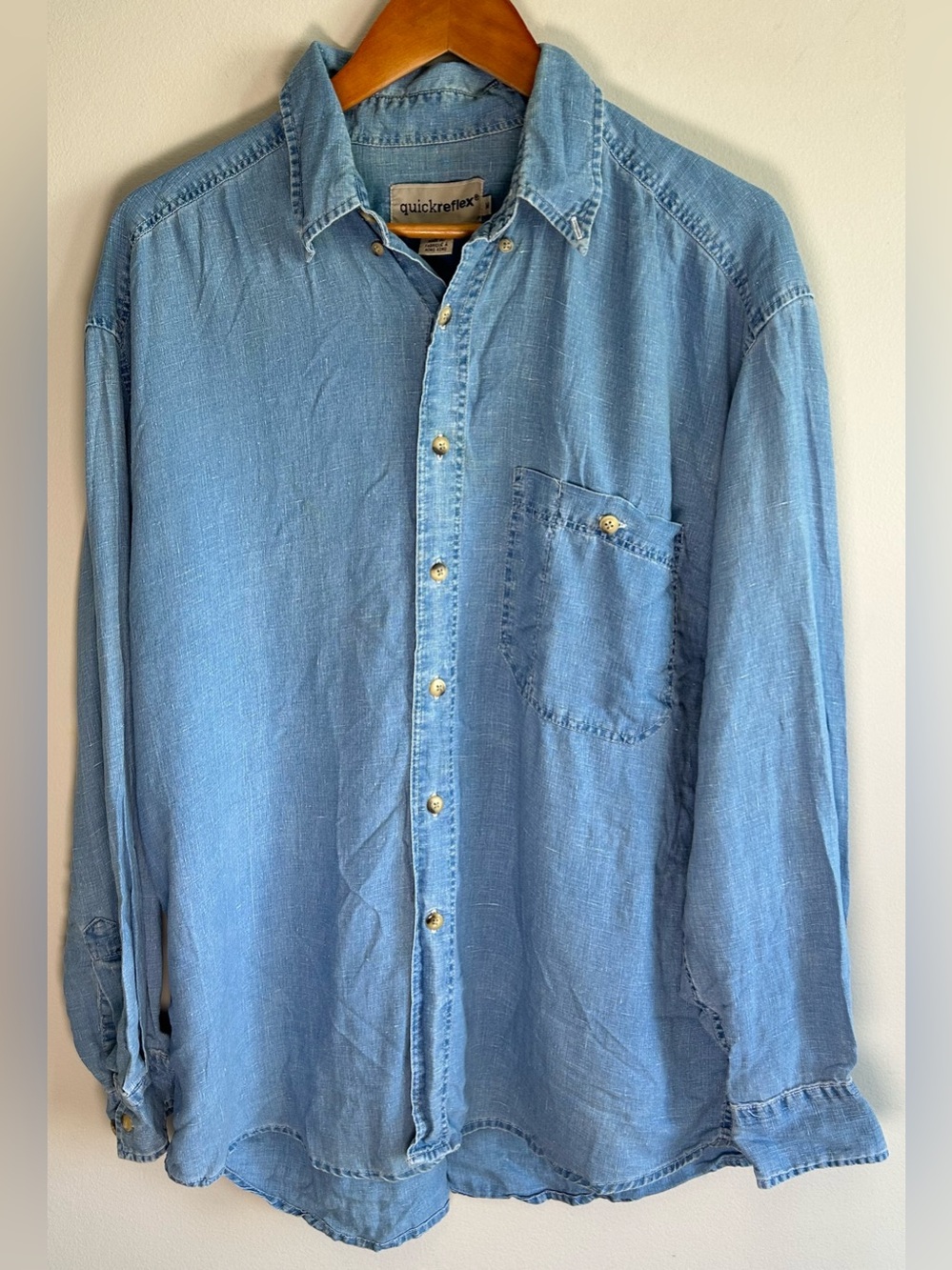 Vintage Quickreflex Button Down Collared Shirt Mens M Denim Style 100% Linen